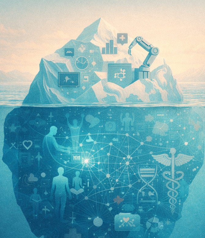 A iceberg with a robot arm and icons