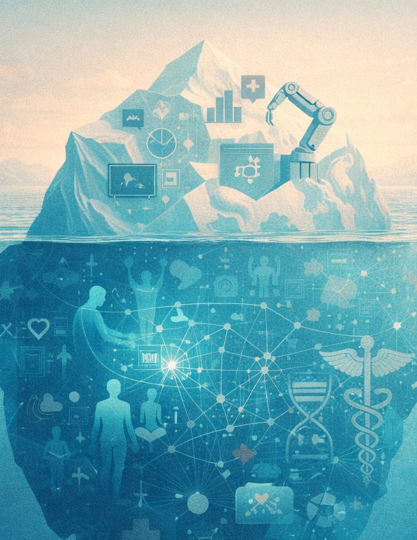 A iceberg with a robot arm and icons