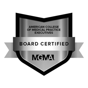 ACMPE certification badge in silver and black