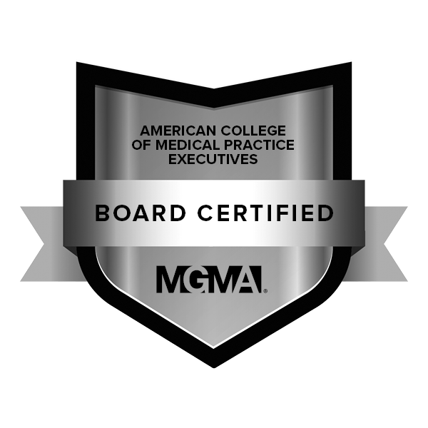 ACMPE certification badge in silver and black