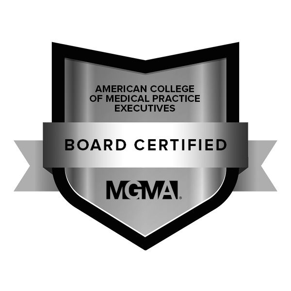 ACMPE certification badge in silver and black