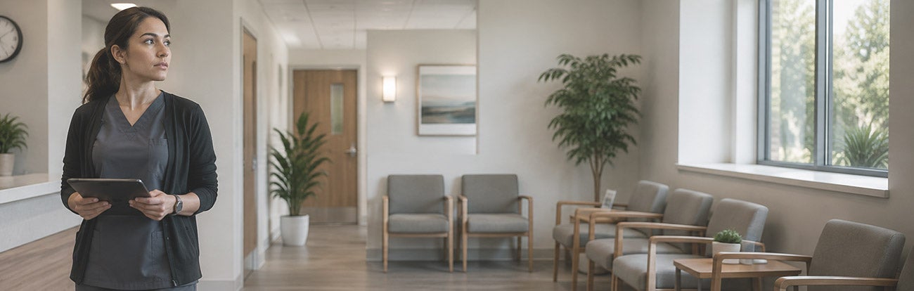 A medical assistant looks across an empty reception area for a patient who has no-showed.