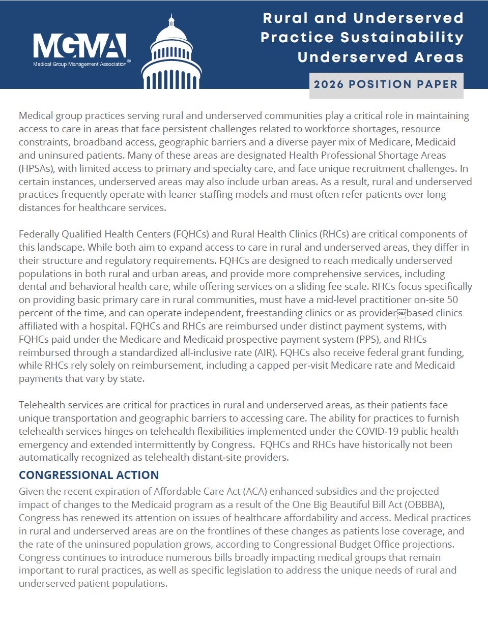 Rural and Underserved Practice Sustainability Underserved Area Position Paper 