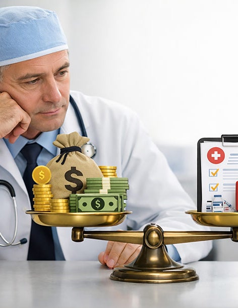 A doctor looking at a scale with money and a bag of money