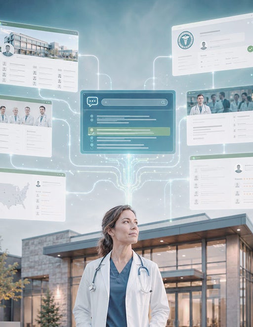 A doctor in front of a medical office, framed by various websites that help inform ChatGPT about the practice