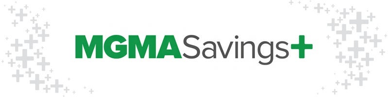 MGMA Savings logo with grey and green +  sign