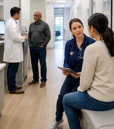 A doctor talking with one patient while a nurse practitioner speaks with another patient.