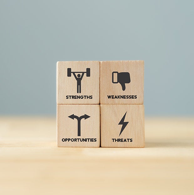 Wooden blocks representing the elements of a SWOT analysis: Strengths, Weaknesses, Opportunities and Threats